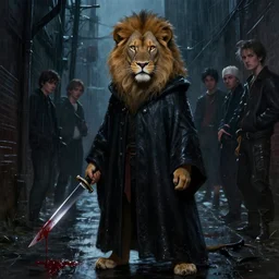 A digital painting of a teenage lion in a dark rainy alleyway wearing a dark glowing black cloak while holding a long dagger dripping of blood in his right hand, by Stanley Artgerm Lau, frank frazetta, Rossdraws, James Jean, gerald brom, and Sakimichan, trending on artstation, cinematic lighting, SFW version