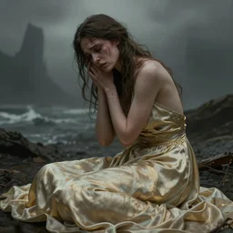cinestill 5 0 d panorama of a woman by roversi, gritty, gloomy, pain, sad, intricate, elegant, sharp focus, artstation, dress in soft silk in a dystopian seascape, pale gold matte, sharp focus, illustration, octane render, unreal engine, art by roberto ferri and greg rutkowski, epic fantasy, digital photo art