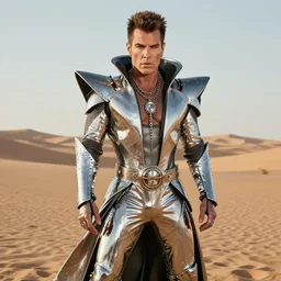 portrait billy idol dressed in fantasy fashion, alexander mcqueen, shiny metal, standing in a desert
