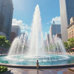 A giant water fountain in the middle of a city, rendered by Beeple, Makoto Shinkai, syd meade, simon stålenhag, environment concept, digital art, unreal engine, 3 point perspective, WLOP, trending on artstation, low level, 4K UHD image, octane render,