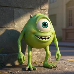 a statue of mike wazowski in the street, sigma 75mm