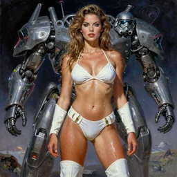 A mixed media portrait painting of a very beautiful light-brown-hair woman on an alien planet, very curvy, aesthetic! high-waisted white-bikini-armor and boots, starship-troopers, bombshell, aesthetic symmetrical face and eyes, model, wet, pacific-rim-mech in background, by Frank Frazetta, Boris Vallejo, Beeple, Greg Rutkowski, Christian MacNevin, eighties pinup style, goddess, epic fantasy character art, high fantasy, CGsociety, exquisite detail, post-processing, masterpiece, cinematic