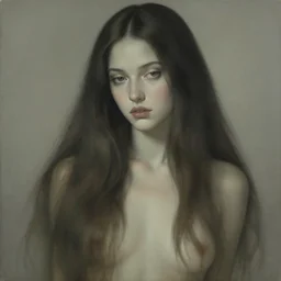 pop surrealism, muted colors seductive female, long hair, art by takato yamamoto, trevor brown