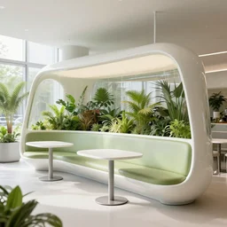 solarpunk cantine designed by ludwig mies van der rohe, solarpunk, green plants, natural lighting