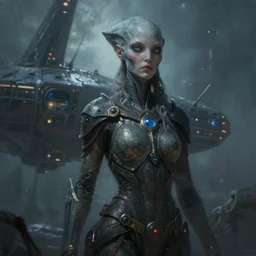 an extremely detailed masterpiece painting of a beautiful nordic extraterrestrial female with out of focus spaceship technology in background, in the style of tom bagshaw, digital art, epic scene, extremely moody lighting, glowing light and shadow, atmospheric, shadowy