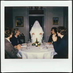 apparition, a 1 9 8 5 color polaroid of a seance at a dining room table captures the image of a ghostly entity, paranormal evidence, aged photo, authentic