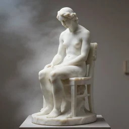 a sculpture of a person sitting on top of a chair, a marble sculpture by nicola samori, behance, neo - expressionism, marble sculpture, apocalypse art, made of mist, masterpiece, bokeh, soft light, global illumination