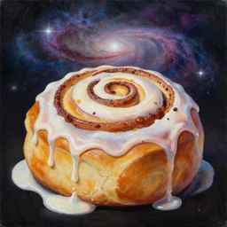 impasto painting, beautiful fantasy illustration and stunning hubble image of cosmic cinnamon roll. drippy frosting, looks so delicious i want to eat it. by james gurney and tyler edlin