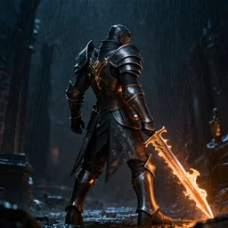 black paladin holding sword of night and flame, cinematic backshot, night, raining, hd, 4 k, glory