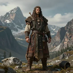 dissolution filter ,turbulence filter, costume design made by nordic tribes, sophisticated composition, old masters light composition, procedurally generated, epic human character posing for concept art, beautiful mountains behind, substance designer, PBR, HD, Ultra detailed, hyperrealistic, megascans, volumetric light, concept by master artist, made in paint tool SAI2, trending pixiv face