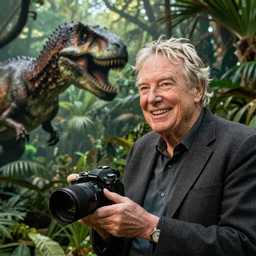 Sir David Attenborough smiling in a jurassic period jungle, dslr, highly detailed, bbc documentary, natural history