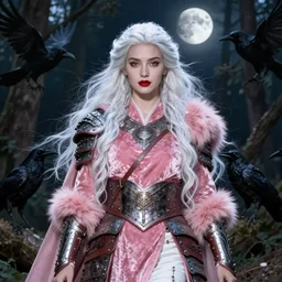 portrait of a warrior woman, english face, refined features, moon goddess, red lips, long snow - white hair, night forest, crows, pink velvet dress, leather armor, iron armor, white boots, pink fur, very beautiful style, photorealism, edgard maxence