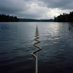 a infinitely long rope zig - zagging across the surface of the water into the distance, floating submerged rope stretching out towards the center of the lake, a dark lake on a cloudy day, atmospheric, color film, trees in the background, hyper - detailed photo, anamorphic lens