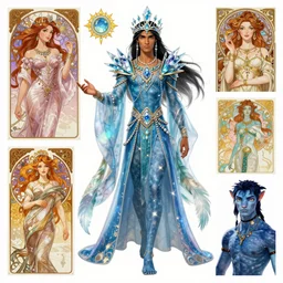Character concept fashion spot illustrations of Prince of Egypt and Avatar the Last Airbender crossover, colorful!!!, full-body, bloom, dynamic poses, diaphanous cloth!!!, intricate crystalline and feather jewelry, ornate, filigree, arcane, cinematic lighting, by Artgerm, by Alphonse Mucha, by Bouguereau, by Sakimichan, fantasy, portfolio illustration, highly detailed, trending on Artstation, CGsociety, HQ, 8k, 35mm lens, f2.8, Bokeh,