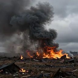 an alternate reality c - 5 galaxy crashed and burning in a field, thick black smoke billowing, turbulent storm clouds, dystopian, fog, sharp focus, octane render, imax