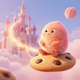 fuzzy creature sitting on a flying chocolate chip cookie blasting through peach's castle leaving a sparkling trail behind, movie still from inside out, high detail, hyperion render, weird composition, trending on artstation, 4 k