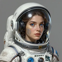 Portrait of very very very very very very beautiful Latina woman, spacesuit, blue eyes, intricate, elegant, highly detailed, digital painting, artstation, concept art, smooth, sharp focus, illustration, art by artgerm and greg rutkowski and alphonse mucha