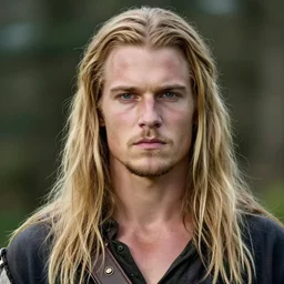 photo portrait of a rugged irish pirate, young adult, long hair long blonde hair and clean shaven face, faded blue vest, charismatic face, rugged and dirty, cinematic lighting at sundawn, movie color grading