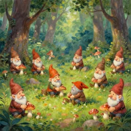 many gnomes working in a natural forest, building mushrooms, fairytale, impressionism