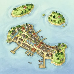 dnd shoreline port town and docks with islands, hand painted and drawn map