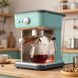 a hyper complex drip coffee maker in the 1 9 7 0 s era kitchen, in the style of hownosm and james jean, ultimate collab, epic, digital art, 3 d, h 9 6 0