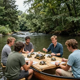 Matt Mercer running a dnd session for players who are humanoid turtles, at a game table on a canoe, in a beautiful river alongside a forest, by noah bradley
