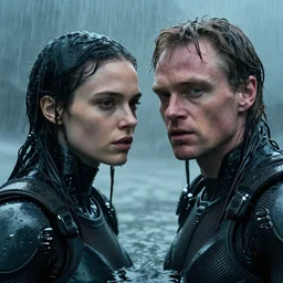 cinestill 5 0 d candid photographic portrait by christopher nolan of two loving female androids wearing rugged black mesh techwear in treacherous waters, extreme closeup, modern cyberpunk moody emotional cinematic, pouring rain, 8 k, hd, high resolution, 3 5 mm, f / 3 2, ultra realistic faces, ex machina