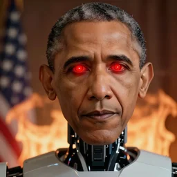 robotic Obama eyes are red flashlight glowing eyes, hype realistic flames are burning behind Obama, 40nm lens, 4k,