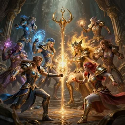 fantasy league of legends characters fight with magic in big cave, action scene, clear faces, lumen reflections, sharpened, insanely detailed and intricate, hypermaximalist, elegant, ornate, hyper realistic, super detailed, digital art