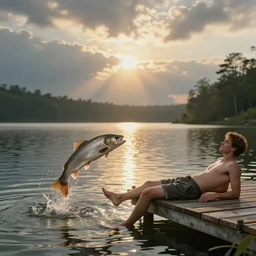 fish jumping out of a lake at a man sitting peacefully on a dock