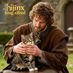 brightly lit historically inaccurate comedy medium shot film still of ( rainn wilson plays king alfred ) king alfred petting a cute tabby cat in a medieval comedy titled'the hijinx of king alfred ', directed by john landis, colorful lighting high contrast, hyperrealistic shocking detail trending on artstation 8 k