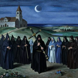 A Holy Week procession of souls in a Spanish landscape at night. A figure at the front holds a cross. El Greco, Remedios Varo, Salvador Dali, Carl Gustav Carus, John Atkinson Grimshaw. Blue tint.