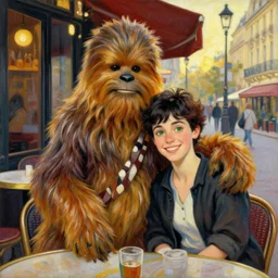 portrait of chewbacca and a happy young italian couple with black hair and green eyes sit together outside a busy parisian cafe at sunset painted by emile friant