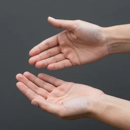looking down at my own hands. right hand with the palm facing down and the left hand with the palm facing up towards the camera