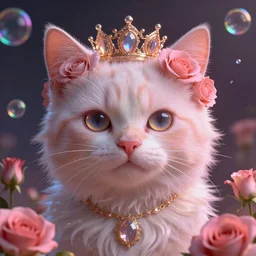 close up of an extremely beautiful elokitty, cat. digital art illustration, Trending on DeviantArt, Artgerm, dramatic lighting, dreamscape maximized, vibrant mood, rose tones, concept art, smooth, ethereal, rainbow bubbles, Aetherpunk, extremely detailed masterpiece, winning award piece, regal, Exquisite detail, post-processing, Unreal Engine, 8k, HD, trending on artstation, flawless, flowers, retro aesthetic