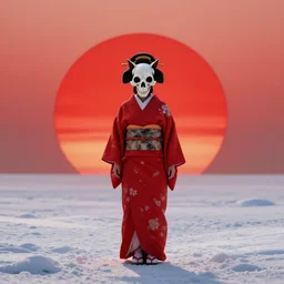 a full body geisha with a cat skull head, wearing a red kimono, standing in center of the snow with a massive red sun setting on the horizon cinematic octane render 8 k trending on artstation