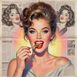 a handmade collage painting with newspapers of a girl from 1 9 8 0 s eating, red big lips, golden teeth, high detailed, retro style painting, retro pastel colored palette, grain and texture, dancing heads, illustration, oil pastel drawing, symetrical, in the middle, looking to camera, high shoulders, gradient lighting at the back, sharp teeth, red paint stains, extremely elegant drawing, looking straight, lens correction, sharp focus, 8 k