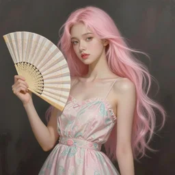 young girl in summer dress art, pastel light pink long hair, muted colors, matte print, pastel colors, ornate, digital art, digital painting, fan art, elegant, artstation, by Ilya Kuvshinov