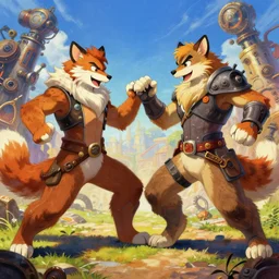 an exciting anime sci - fi action vibrant impressionist renaissance painting of furries sparring by al williamson and vincent di fate, trending on artstation, vivid steampunk concept
