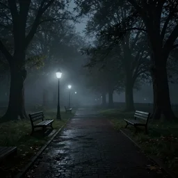 park at night, gloomy and foggy atmosphere, octane render, rembrandt, cgsociety, artstation trending, horror scene, highly detailded