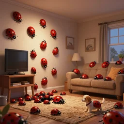 in a dim family room, millions of killer ladybugs exit out of small hole at the bottom of a wall and are on every surface. ladybugs cover a sofa tv wall ceiling floor and puppy. digital art, superior quality, 8 k.