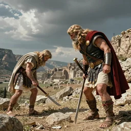 ancient romans bowing down to conan the barbarian. hyper realistic. by michael garmash james gurney. bussiere.