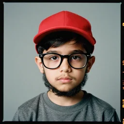 kodak portra 4 0 0, 8 k, highly detailed, britt marling style, color studio - portrait of a handsome cute 2 0 year old ducktail bearded middle eastern american male with black wayfarer glasses and red baseball hat, black hair, muted colors, up face with 1 9 2 0's hairstyle and cloth style, asymmetrical, hasselblad