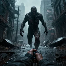First Person Point view of silent Hill monster chasing me in the wreckage city in the rain,by Tim Hildebrandt ,James Paick,Ted Nasmith, peter gric,Hugh Ferriss,trending on artstation,8k,Blade Runner 2049,ultra realistic,high detail,golden ratio,cinematic lighting,maximalist