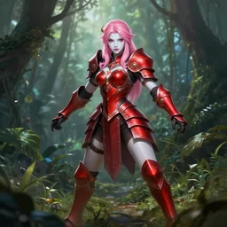 full body portrait of beautiful fairy paladin in the jungle, pink hair, white skin, red eyes, ornamental red plate armor, badass, fight, high fantasy, dnd, highly detailed, smooth, sharp focus, digital illustration, by wlop, artgerm, rossdraws, card art