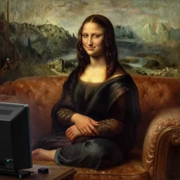 Monalisa is sitting on her living room couch. She is dressed casually and is watching TV, Regal, Realistic, Refined, Detailed Digital Art, Josephine wall, Oil Painting, William-Adolphe Bouguereau, Art Frahm, Esao Andrews, Steampunk, Highly Detailed, Cinematic Lighting, Unreal Engine, 8k, HD