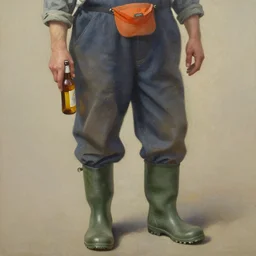 detailed oil painting of a man wearing coveralls, green rubber boots, and an orange stocking cap. he is holding a bottle of beer