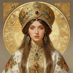 a portrait of a female, upper half portrait, decorated with russian motifs, russian shaman, siberia, traditional russia, intricate, elegant, highly detailed, symmetry, headpiece, digital painting, artstation concept art smooth sharp focus, illustration, art by artgerm and greg rutkowski alphonse mucha 8 k