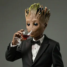 realistic groot as a gentleman wearing tuxedo drinking wine, 1 0 0 mm, trending on artstation, behance, photorealistic, movie shot, studio lighting, 8 k