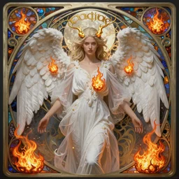 phoenix angel in white gauze dresses of fireflies and flameches, symmetrical facial features, fire stainglass and moonlight background, intricate, elegant, highly detailed, digital painting, artstation, concept art, matte, sharp focus, illustration, intricate art nouveau frame, art by Artgerm and Greg Rutkowski and Alphonse Mucha